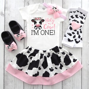 Cow First Birthday Outfit in cow print and Pink Gingham - barnyard birthday outfit, farm animal birthday girl, personalized, barnyard outfit