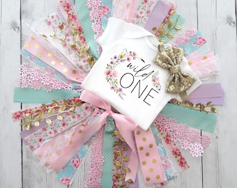 Wildflower Wild One First Birthday Outfit with Fabric Tutu - shabby chic skirt, boho birthday, garden party, first birthday outfit girl