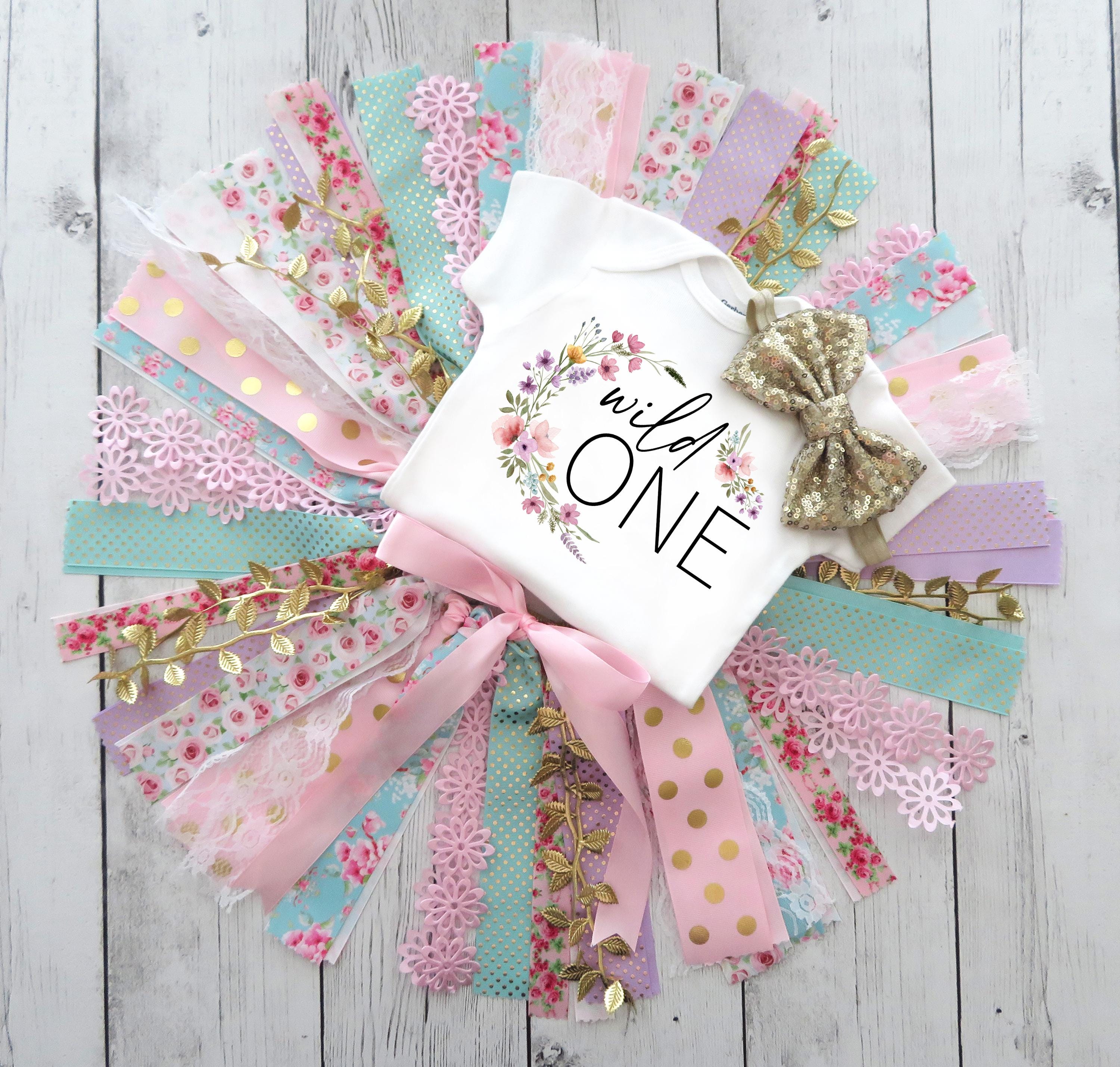Wildflower Wild One First Birthday Outfit with Fabric Tutu - shabby chic skirt, boho birthday, garden party, first birthday outfit girl