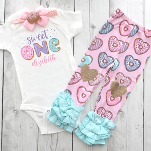 Donut First Birthday Outfit for girl - donut grow up pants, sweet one, matching shoes, cake smash, one year outfit, donut theme party