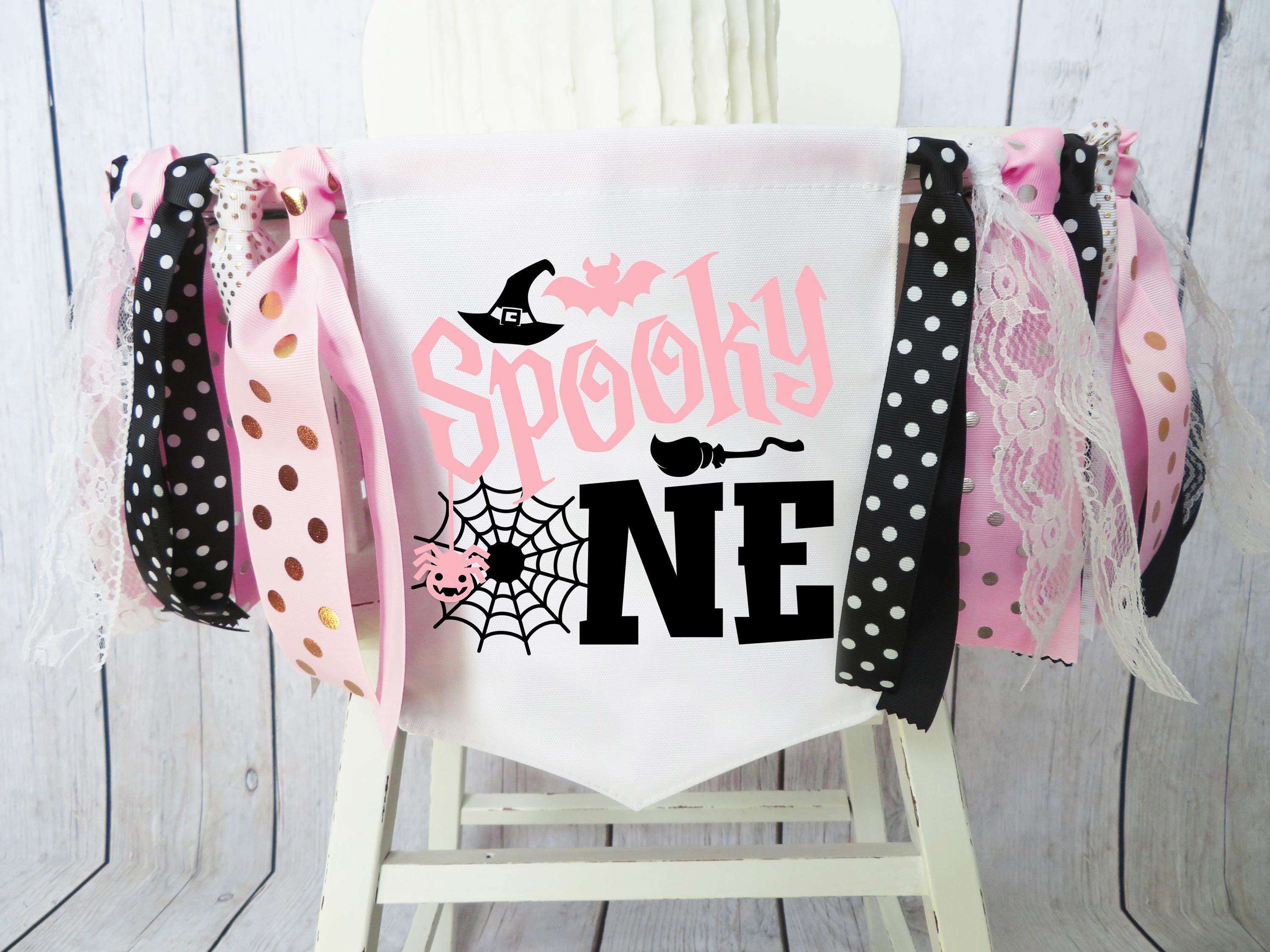 Halloween 1st Birthday High Chair Banner - Pink & Black "The Spooky One" Garland With Pom Poms