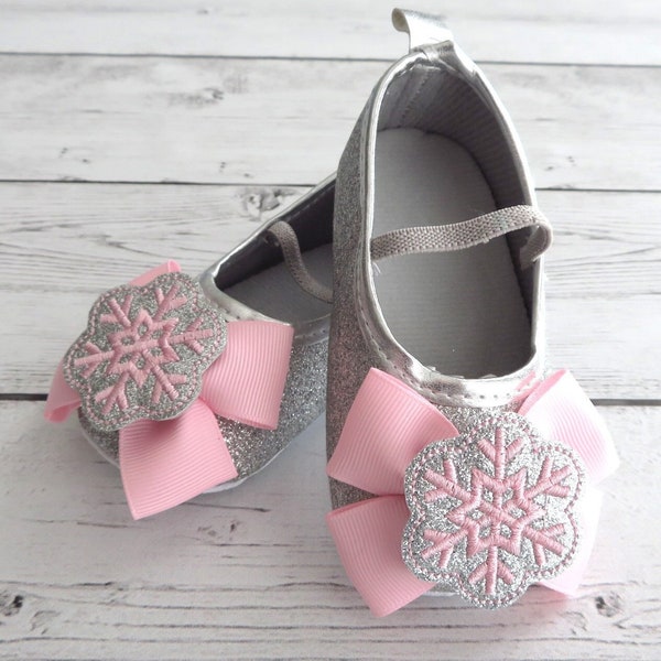 Winter ONEderland First Birthday Shoes & Headband Set in light pink and silver- snow much fun to be one, snowflake birthday girl