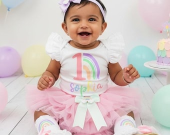 Rosa & Lila Pastell Regenbogen Geburtstags-Set - 1. Geburtstags-Mädchen-Outfit mit Tutu Bloomers, personalisierter Name, Pastell-Regenbogen-erster Geburtstag