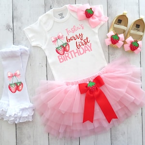 Berry First Birthday Dress with Tutu - strawberry 1st birthday outfit, sweet one, summer theme, personalized, one year old birthday tutu