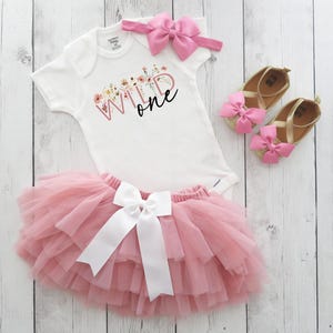Wildflower Birthday Outfit with tutu and matching shoes - first birthday outfit girl, dusty rose, rose gold, boho pink, wild one