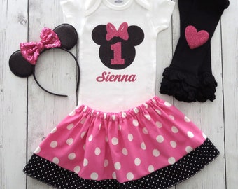 Pink Minnie Mouse First Birthday Outfit - 1st bday dress, minnie shoes, cake smash outfit, traditional minnie dress, minnie ears