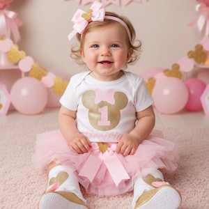 Completo per il primo compleanno di Minnie Mouse in rosa e oro con tutù e scarpe abbinate - vestito per il primo compleanno, completo per il primo compleanno da bambina, tutù rosa
