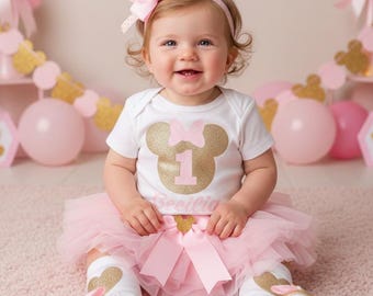 Conjunto de Minnie Mouse para el primer cumpleaños en rosa y dorado con tutú y zapatos a juego - vestido de primer cumpleaños, conjunto de primer cumpleaños para niña, tutú rosa