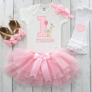 1 Silly Goose First Birthday Dress with Tutu - vintage pink gingham goose, first birthday outfit girl, one year old baby birthday tutu