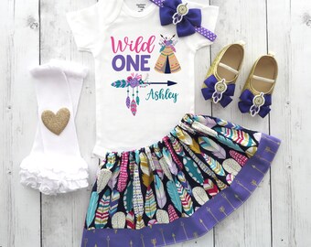 Tribal Wild One First Birthday Outfit with Feather Skirt and Dreamcatcher Headband in Purple - wild one birthday girl, boho teepee arrow