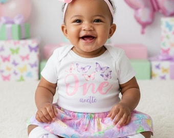 Butterfly First Birthday Outfit in pastel pink and purple - girl birthday outfit, butterfly dress, garden party, butterfly birthday outfit