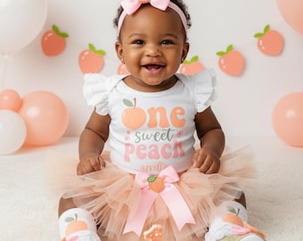 One Sweet Peach eerste verjaardagsoutfit voor babymeisje in bohostijl - perzik 1e verjaardag meisje, zomerthema, jurk eerste verjaardag met ruche