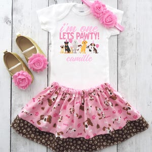Paw-ty First Birthday Outfit for Girl - paw print, puppy dog outfit, dog 1st birthday, pink dog skirt,