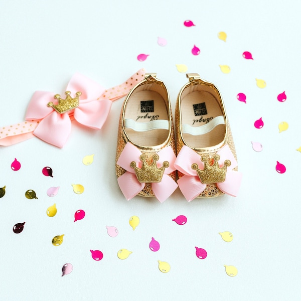 Princess First Birthday Shoes in light pink and gold - crown shoes, pink gold princess shoes, gold toddler shoes, princess birthday outfit
