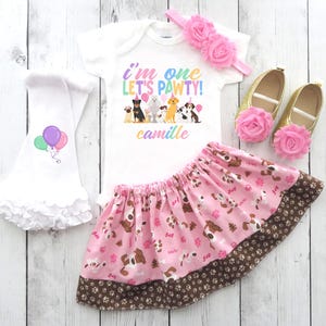 Paw-ty First Birthday Outfit for Girl - paw print, puppy dog outfit, dog 1st birthday, pink dog skirt,
