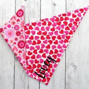 Reversible Valentines Day Dog Bandana in Heart Prints -tie-on bandana, matching scrunchie, dog mom, mommy and me, pink red heart dog bandana