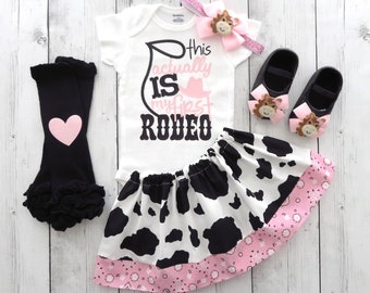 First Rodeo Outfit in Cow print and Light Pink Bandana - first birthday outfit girl, cowgirl birthday, cowgirl pink girl, first birthday