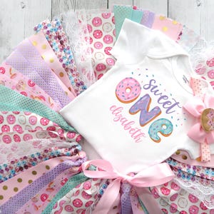 Sweet One Donut First Birthday Outfit with Fabric Tutu, Headband and Shoes - donut 1st bday outfit girl, donut grow up birthday girl