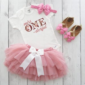 Miss ONEderful Wildflower Birthday Outfit with tutu and matching shoes - first birthday outfit girl, dusty rose, rose gold, boho pink