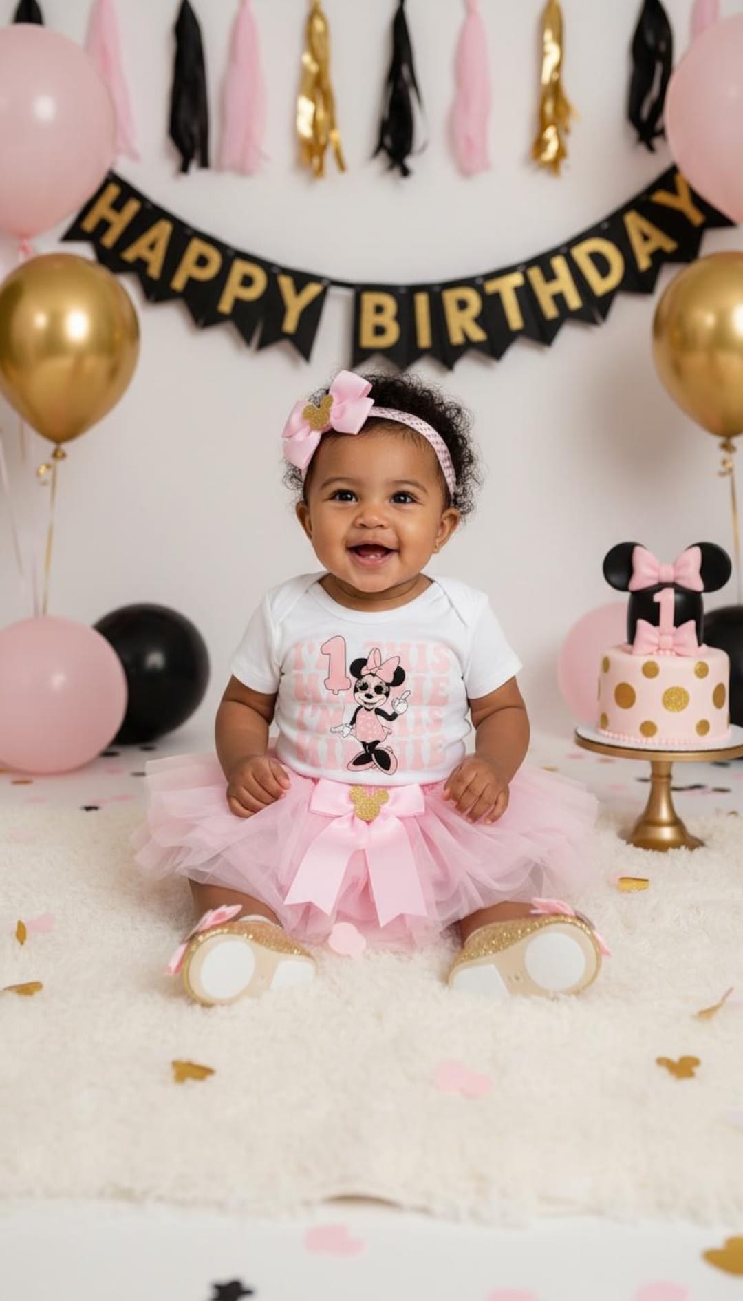 Im this Minnie First Birthday Outfit in pink & gold with tutu and matching shoes