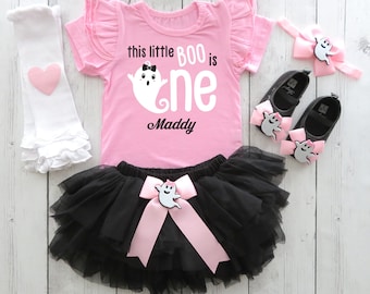Ghost First Birthday Outfit for girl - our little boo is one, ruffle sleeves, spooky one, halloween birthday, pastel halloween 1st birthday