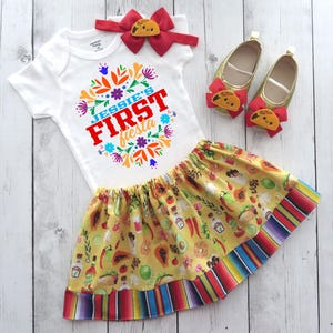 First Fiesta Birthday Outfit for girl - one year old, taco bout who&#39;s one, first fiesta birthday party, uno, mexican floral onesie®, serape