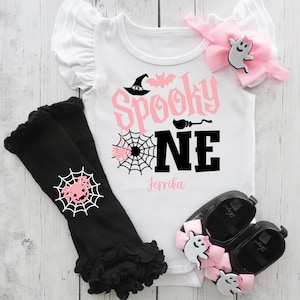 Spooky One Birthday Bodysuit - halloween first birthday, this little boo is one, pink black halloween bday, pastel halloween, ruffle sleeve