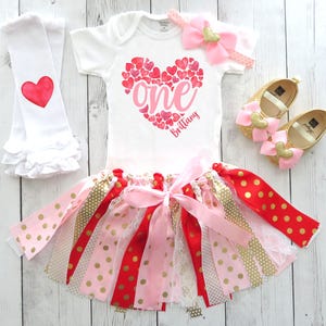 Valentines Day First Birthday Outfit with Fabric Tutu in Pink, Red and Gold - heart birthday girl, red pink bday tutu outfit