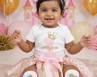 Princess First Birthday Outfit with Pink and Gold Tutu and Shoes - princess 1st bday outfit girl, crown/tiara tutu dress, princess bday girl