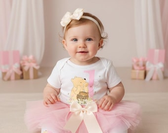 Vestido clásico de Winnie the Pooh para el primer cumpleaños con tutú - vestido vintage de Winnie the Pooh para niña, conjunto para el primer cumpleaños de niña, tutú para bebé de un año