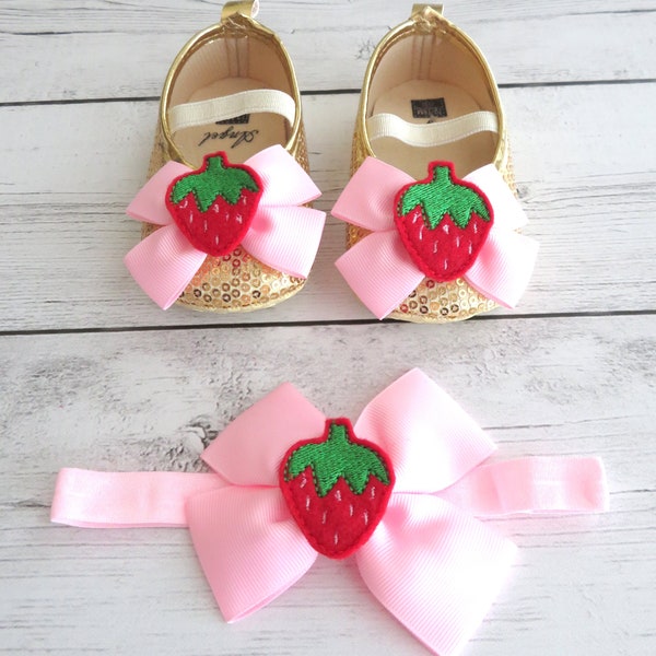 Strawberry First Birthday Shoes and headband in light pink and red - strawberry 1st birthday, summer birthday party, toddler shoes gold