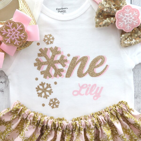 Pink and Gold Winter ONEderland First Birthday Outfit - twirl skirt, girl birthday, snowflake one, pink gold snowflake, winer 1st birthday