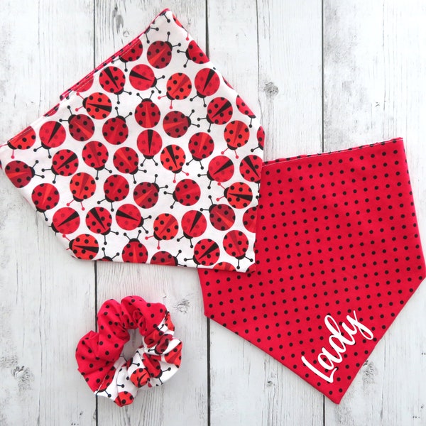 Reversible Dog Bandana in Red and Black Ladybug Prints - tie-on bandana, matching scrunchie, dog mom, mommy and me, ladybug, mom of fur baby