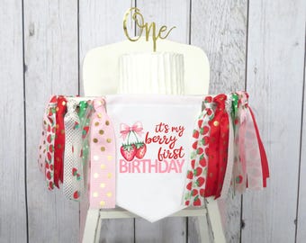 Erdbeer Geburtstag Kinderhochstuhl Banner - rote Erdbeere, Beere, Beere, Erster Geburtstag, 1
