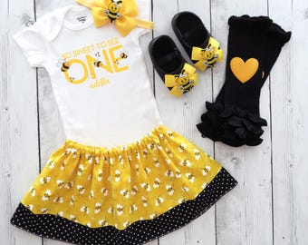 Bumble Bee First Birthday Outfit for girl in yellow and black - first bee-day birthday outfit, bumble bee outfit, bee shoes, 1st bday outfit