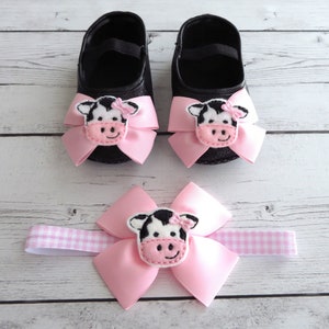 Cow First Birthday Shoes & Headband for Girl in light pink -  barnyard first birthday, farm animal girl, pink first birthday shoes girl