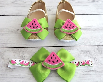 Conjunto de zapatos y diadema para primer cumpleaños de sandía en verde lima y rosa: uno en un melón, zapatos de verano, zapatos de primer cumpleaños, uno en un melónbirthday