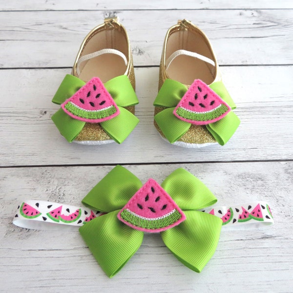 Watermelon First Birthday Shoes & Headband Set in lime green and pink - one in a melon, summer shoes, 1st bday shoes, one in a melonbirthday