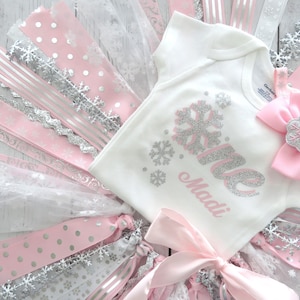 Winter ONEderland First Birthday Outfit with Fabric Tutu in pink and silver - snowflake birthday party, 1st bday outfit, winter tutu