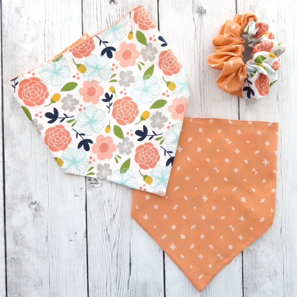 Orange Floral Reversible Dog Bandana - tie-on bandana, matching scrunchie, dog mom, mommy and me, orange floral dog bandana, vintage