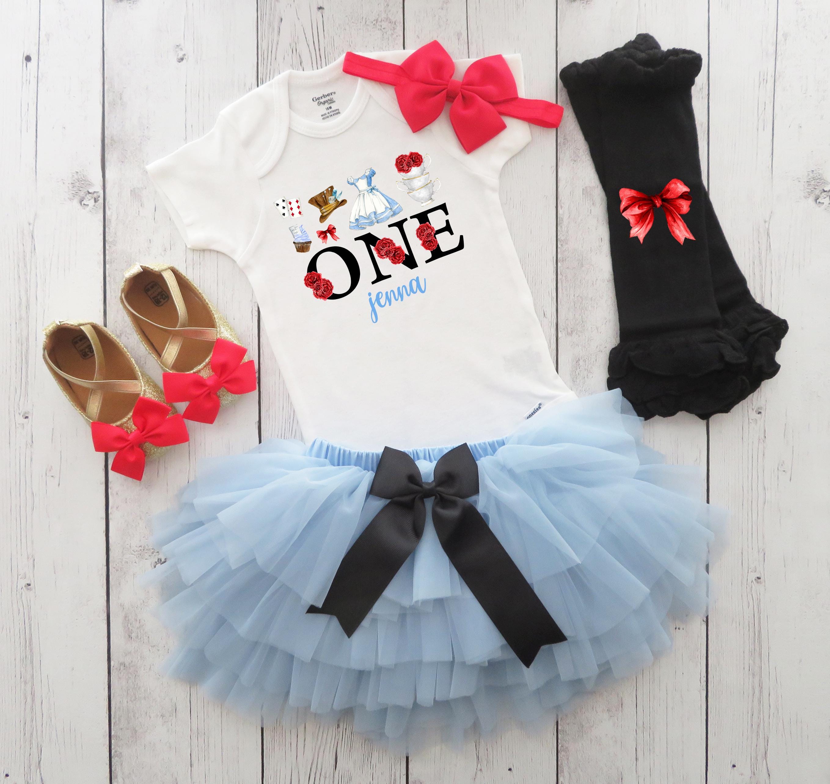 Alice in ONEderland First Birthday Outfit with Tutu and Shoes - 1st bday outfit girl, red black blue, mad hatter tea party, alice wonderland