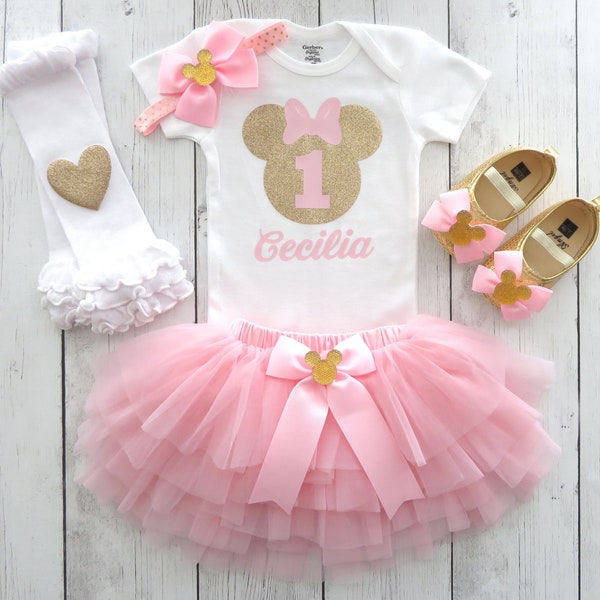 Minnie Mouse First Birthday Outfit in pink & gold with tutu and matching shoes - first birthday dress, 1st birthday outfit girl, tutu pink