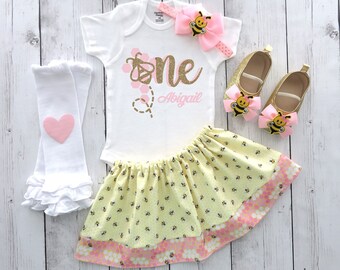 Bumble Bee First Birthday Outfit for girl in yellow and pink - first bee-day birthday outfit, bumble bee outfit, bee shoes, 1st bday outfit