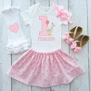 Silly Goose on the Loose First Birthday Dress with Pink and Gold Skirt - vintage gingham, 1st birthday outfit girl, one year old baby bday