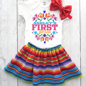 First Fiesta Birthday Outfit for girl - one year old, taco bout who&#39;s one, first fiesta birthday party, uno, mexican floral onesie®, serape