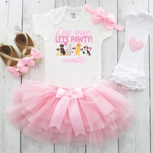 Lets Pawty! Birthday Outfit with Pink Tutu - puppy dog birthday girl, 1st bday party, one year old dress, cake smash, im one lets pawty