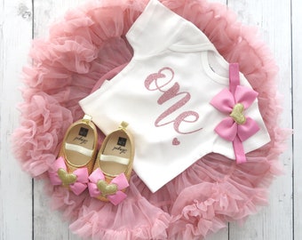 First Birthday Outfit with Dusty Rose Pettiskirt Tutu - 1st bday tutu, themeless simple, rose gold 1st bday outfit girl, dusty rose birthday