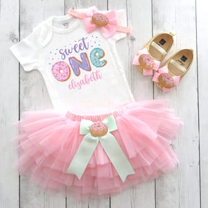 Sweet One Donut First Birthday Outfit - donut grow up, sprinkles, donut first birthday party, pink tutu bloomers, one year old bday girl