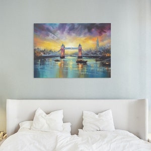 Nightfall on the Thames -1880s London Bridge Oil Painting on Canvas
