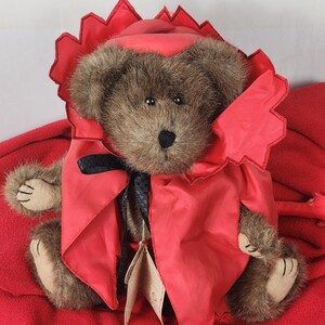Pode incluir: Um urso de pelúcia marrom vestindo uma fantasia de diabo vermelho brilhante com capa e chapéu combinando. O urso tem um nariz preto e olhos pequenos pretos. A fantasia inclui uma gravata borboleta preta e uma pequena cauda vermelha. O urso está sentado em um cobertor vermelho.